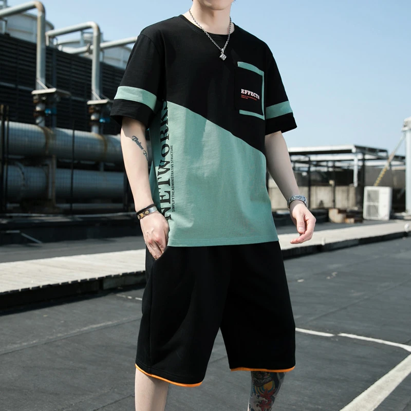半袖休闲短裤装运动套装t恤夏季潮牌棉质大码青少年1五分短袖男士