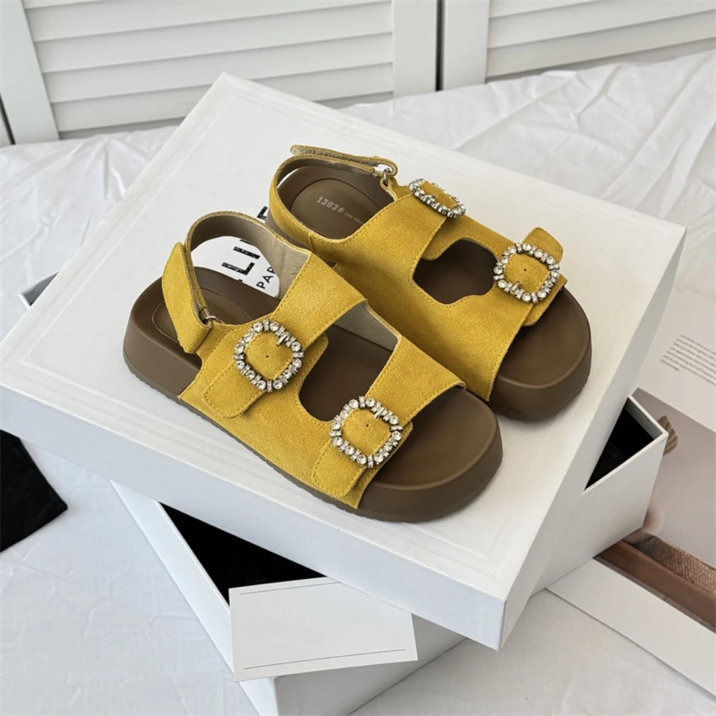 720复古百搭水钻方扣露趾平底一脚蹬勃肯鞋凉鞋跟高约3-3.5公分