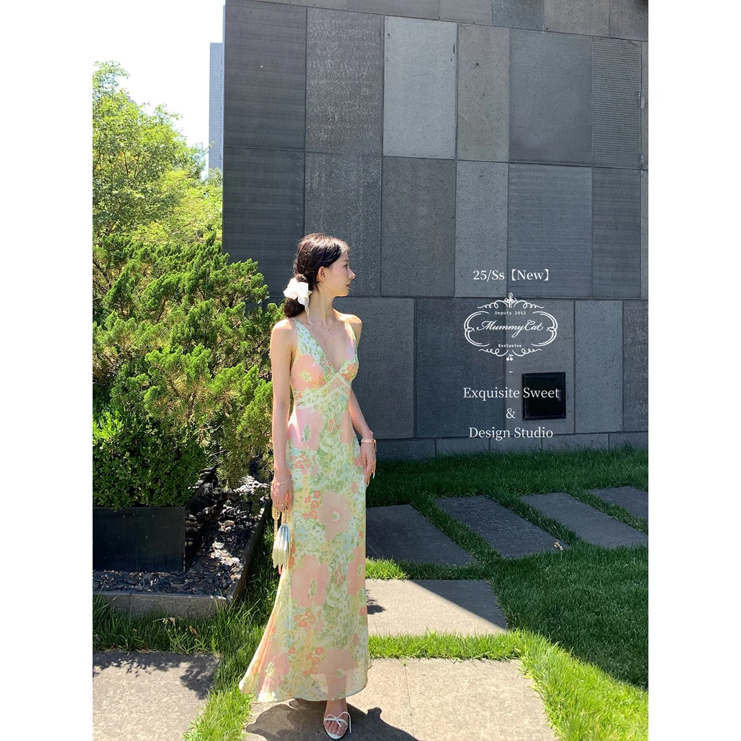 Mummy Cat下蛋喵 25新品【加州美梦】100人丝飘逸v领交叉绑带长裙