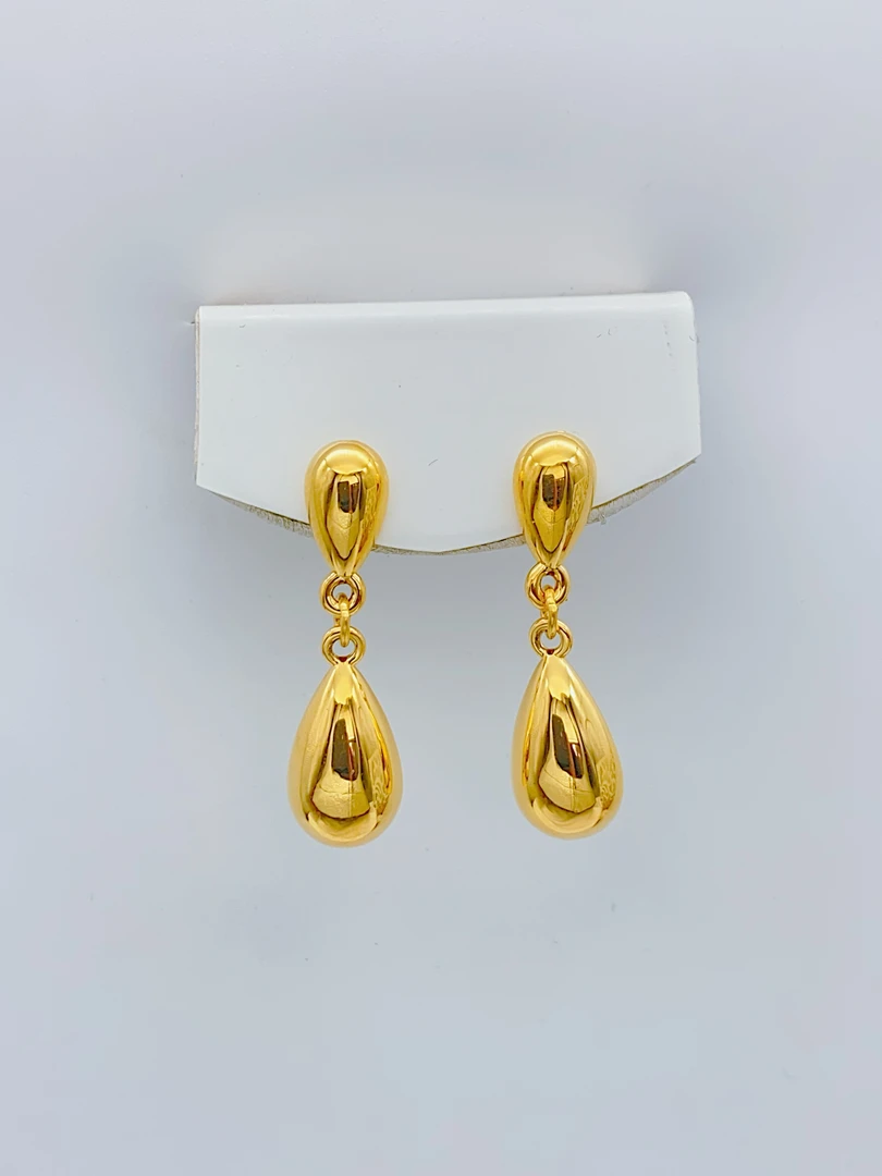 老庙黄金2 足金 精工5D工艺 时尚港风镜面水滴 直针耳钉 2.64克