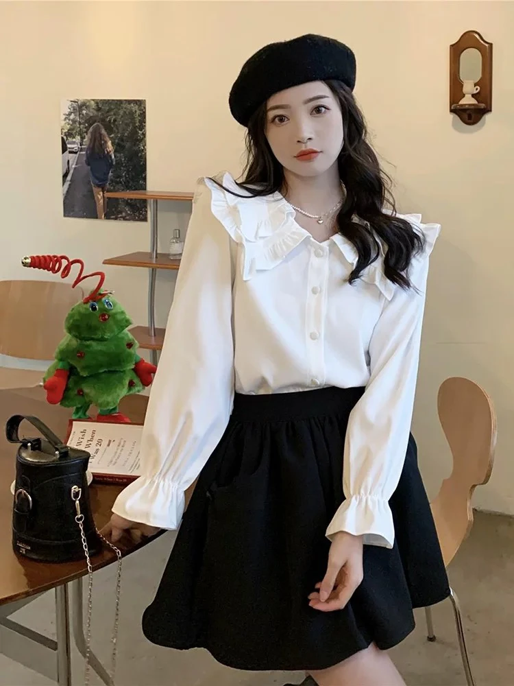 大码新款胖MM法式娃娃领白色衬衫女春洋气漂亮气质设计感小众上衣