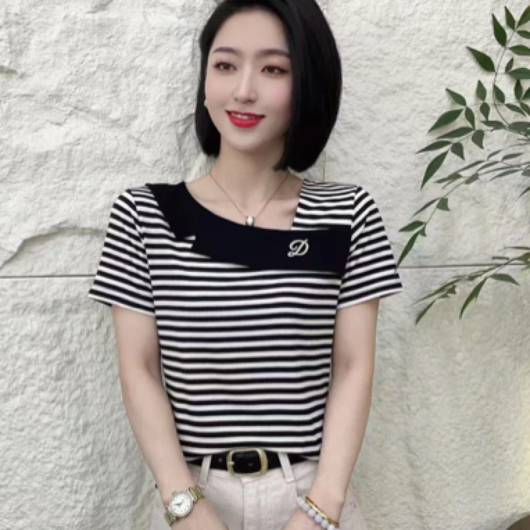 2025夏季新款不规则洋气漏肩时尚百搭t恤显瘦短袖2501女士