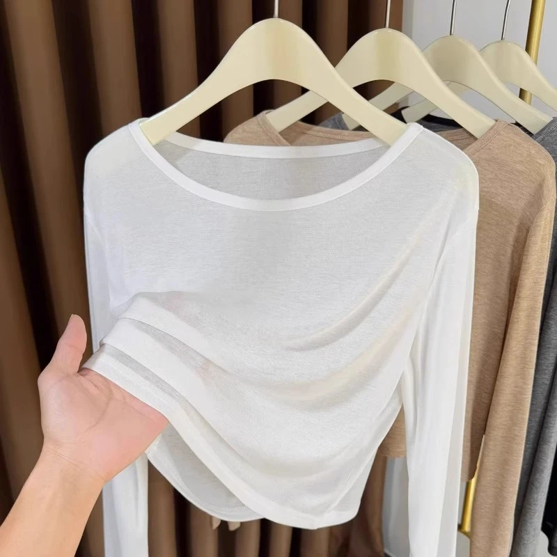 芯娇晴短款针织打底衫女2025新款大圆领t恤薄款宽松冰丝微透罩衫