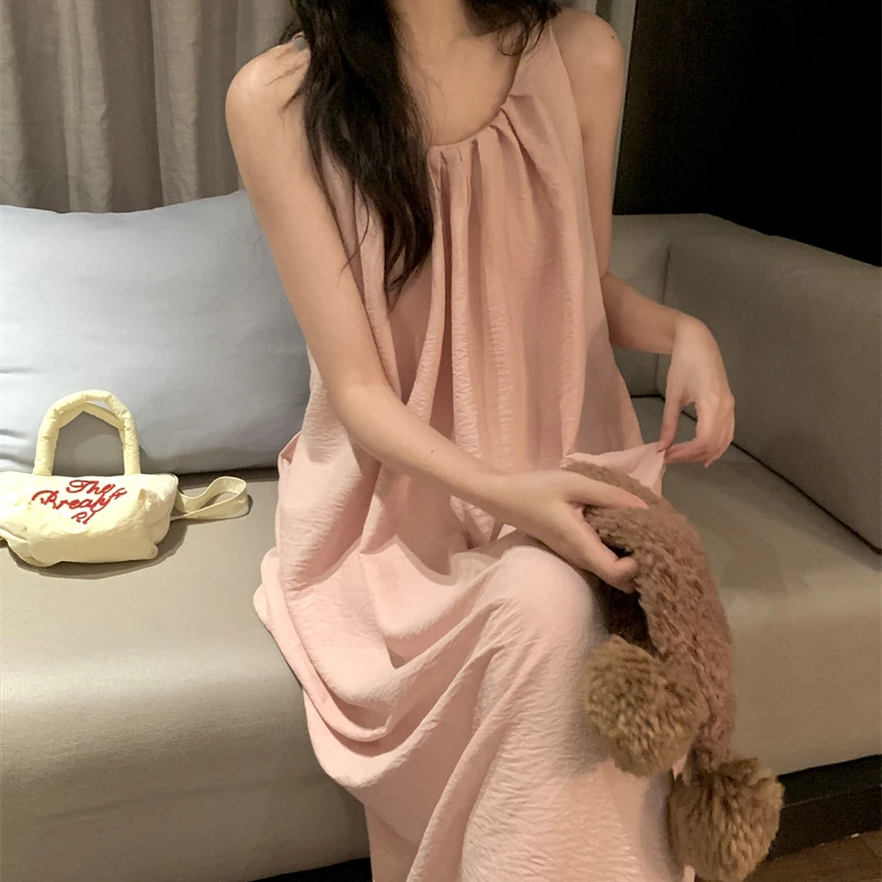GPSUNLU睡衣女款韩版纯欲风宽松纯棉背心无袖睡裙可外穿夏季纯色