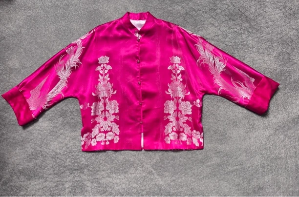 新款中式国风真丝老软缎双层外套枚粉色休闲百搭