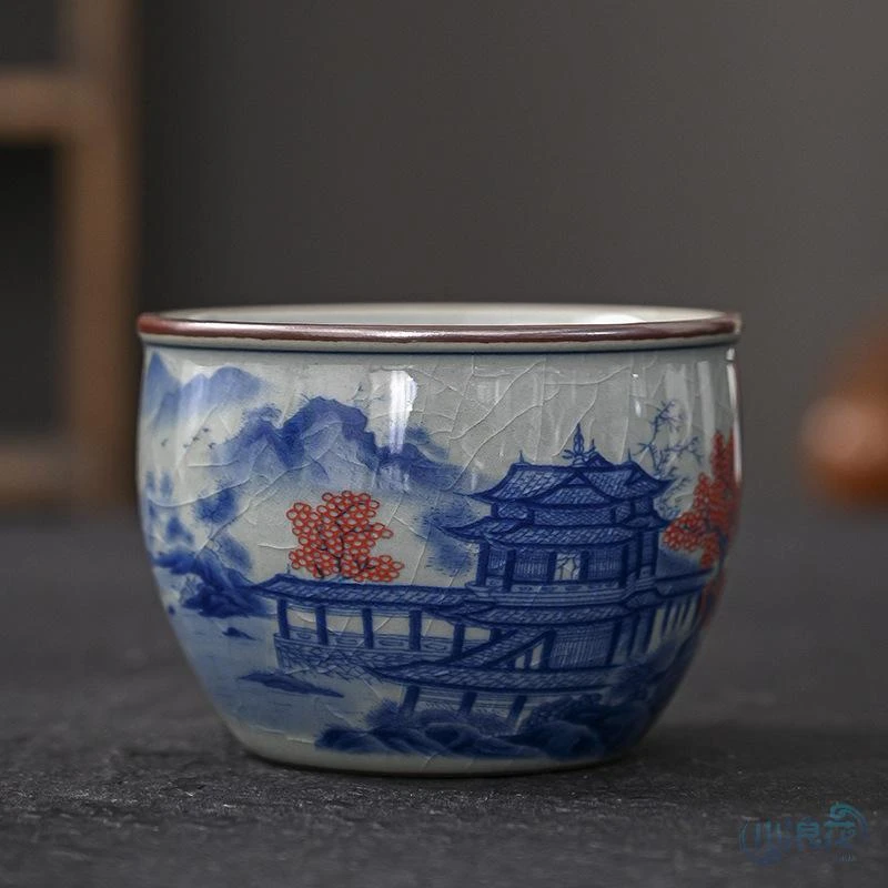 青花主人杯老陶泥缠枝莲功夫茶品茗杯单杯子手工陶瓷喝茶水杯ZTG