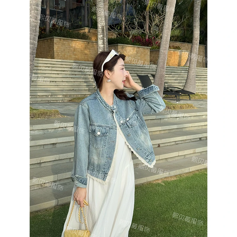 熙贝薇6 2025春款高级感时尚百搭复古蕾丝花边圆领牛仔外套 G7209