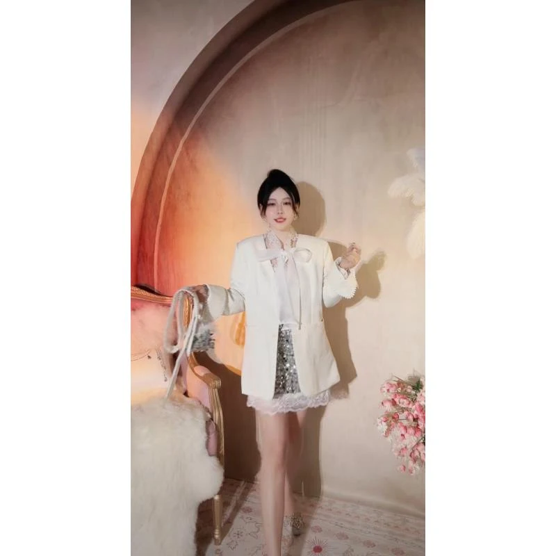 【崔】W0256 韩版时尚蕾丝拼接系带气质名媛小香风大衣女