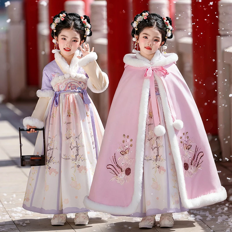 女童连衣裙新中式冬装汉服儿童古风拜年服加绒加厚过年衣服新年装