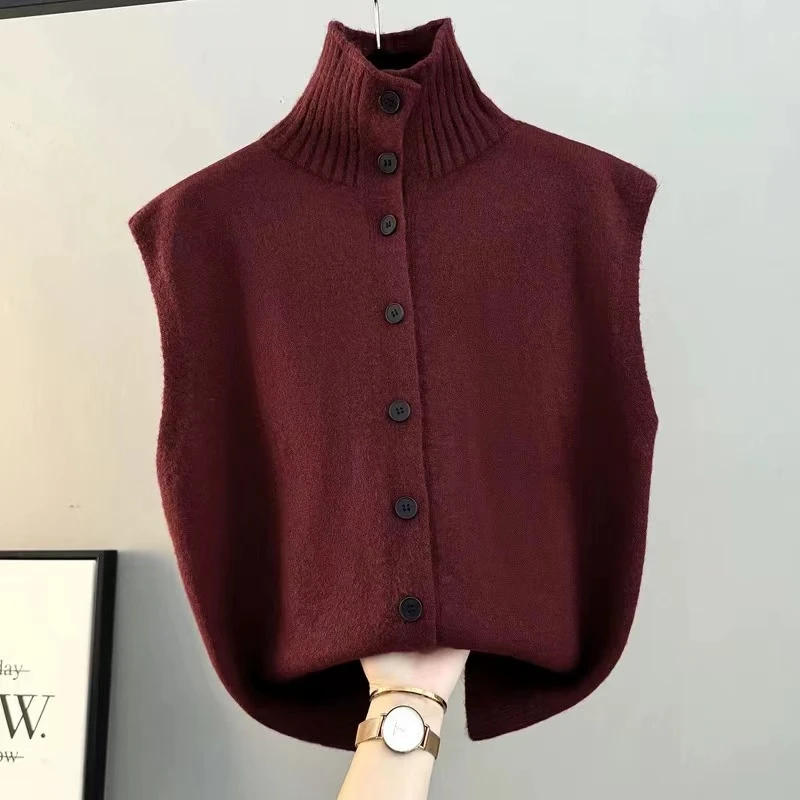 时尚百搭单排扣外穿针织马甲开衫2025秋冬圆领叠穿无袖背心上衣女