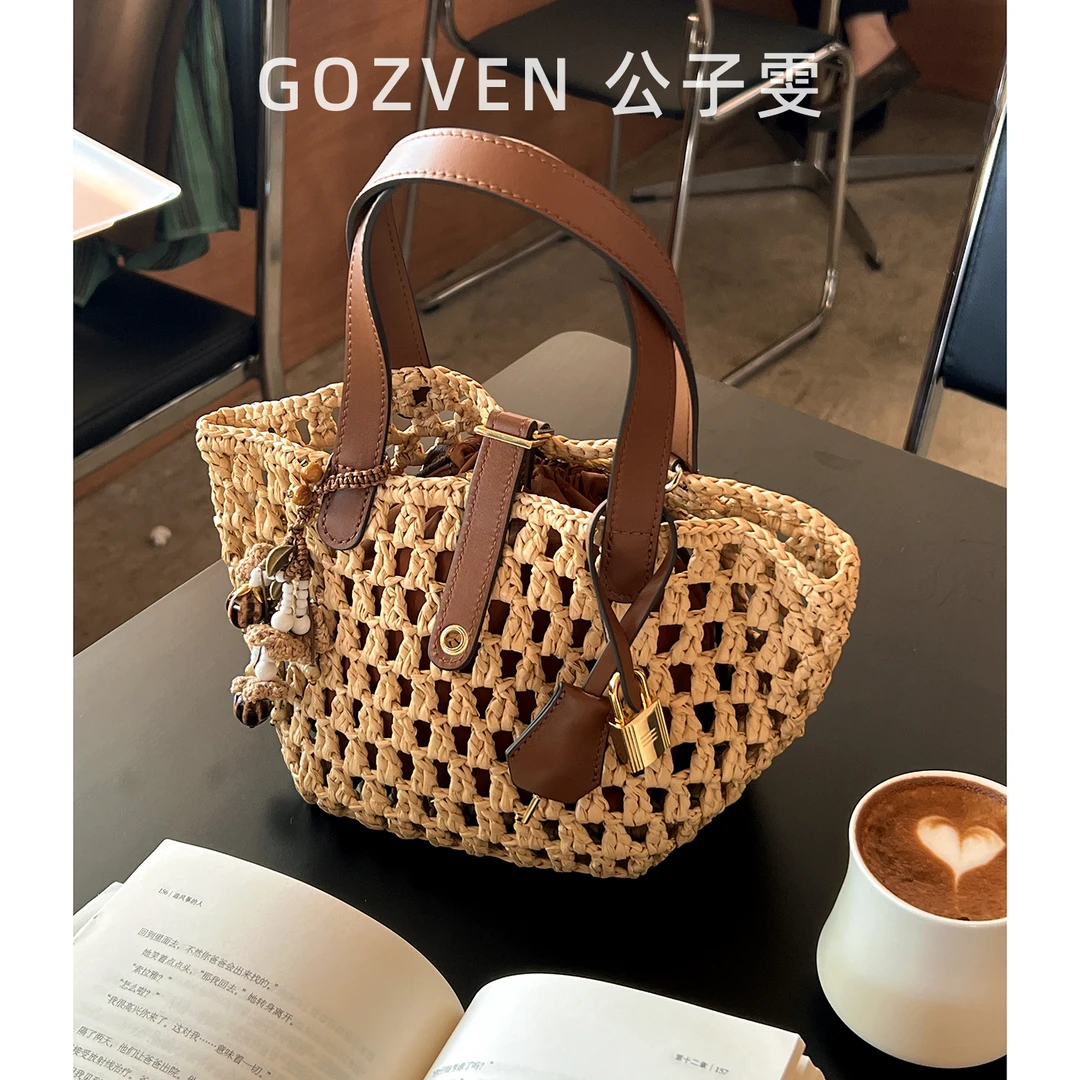 【公子雯】法式度假风菜篮子包拉菲草牛皮手提斜挎编织草编托特包女