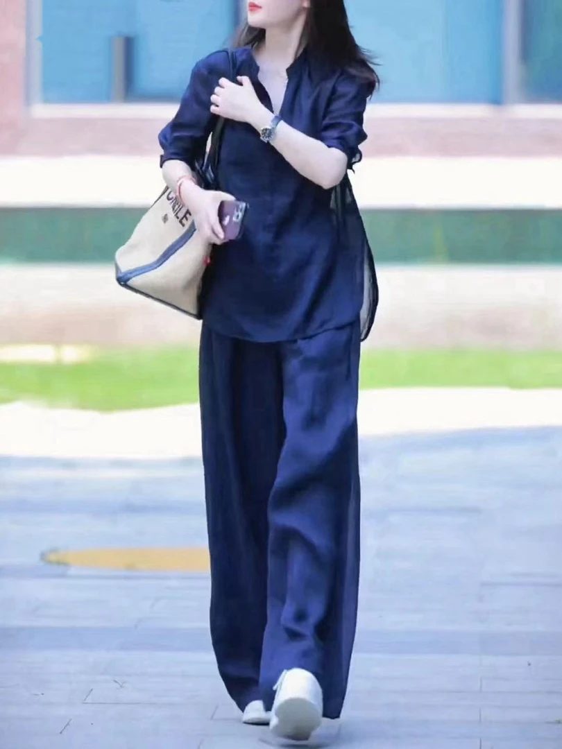 高级感苎麻套装2025春季新款宽松气质减龄阔腿裤两件套装