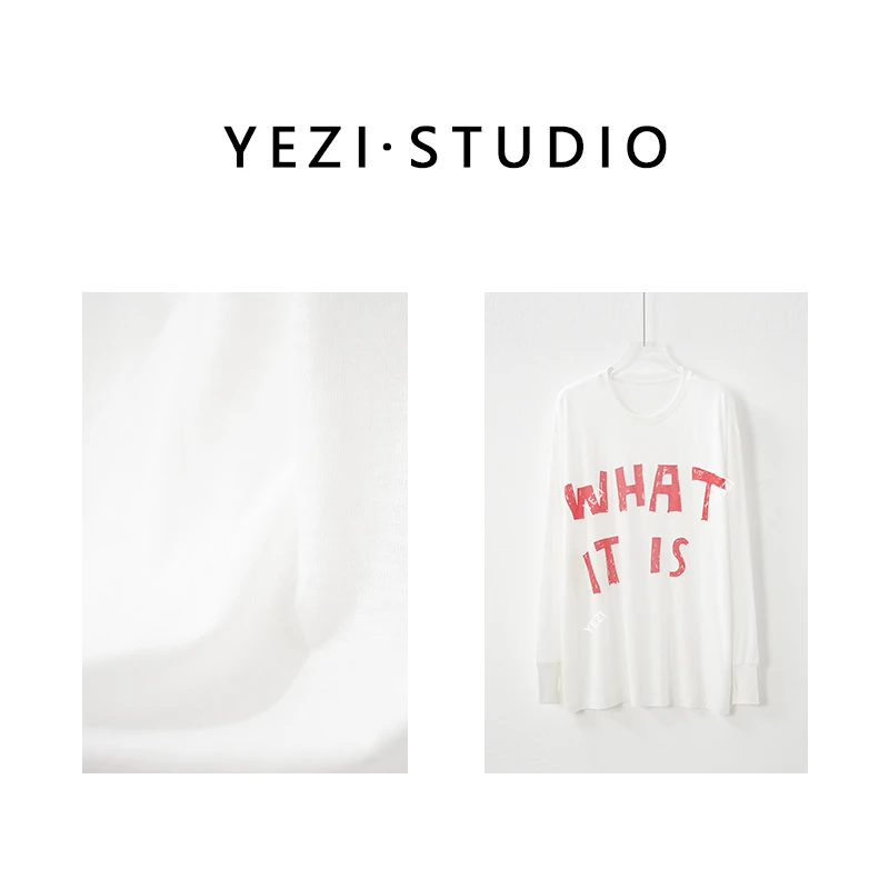 【自由T】麻醋酸混纺个性印花休闲时尚百搭宽松长袖T恤25317005