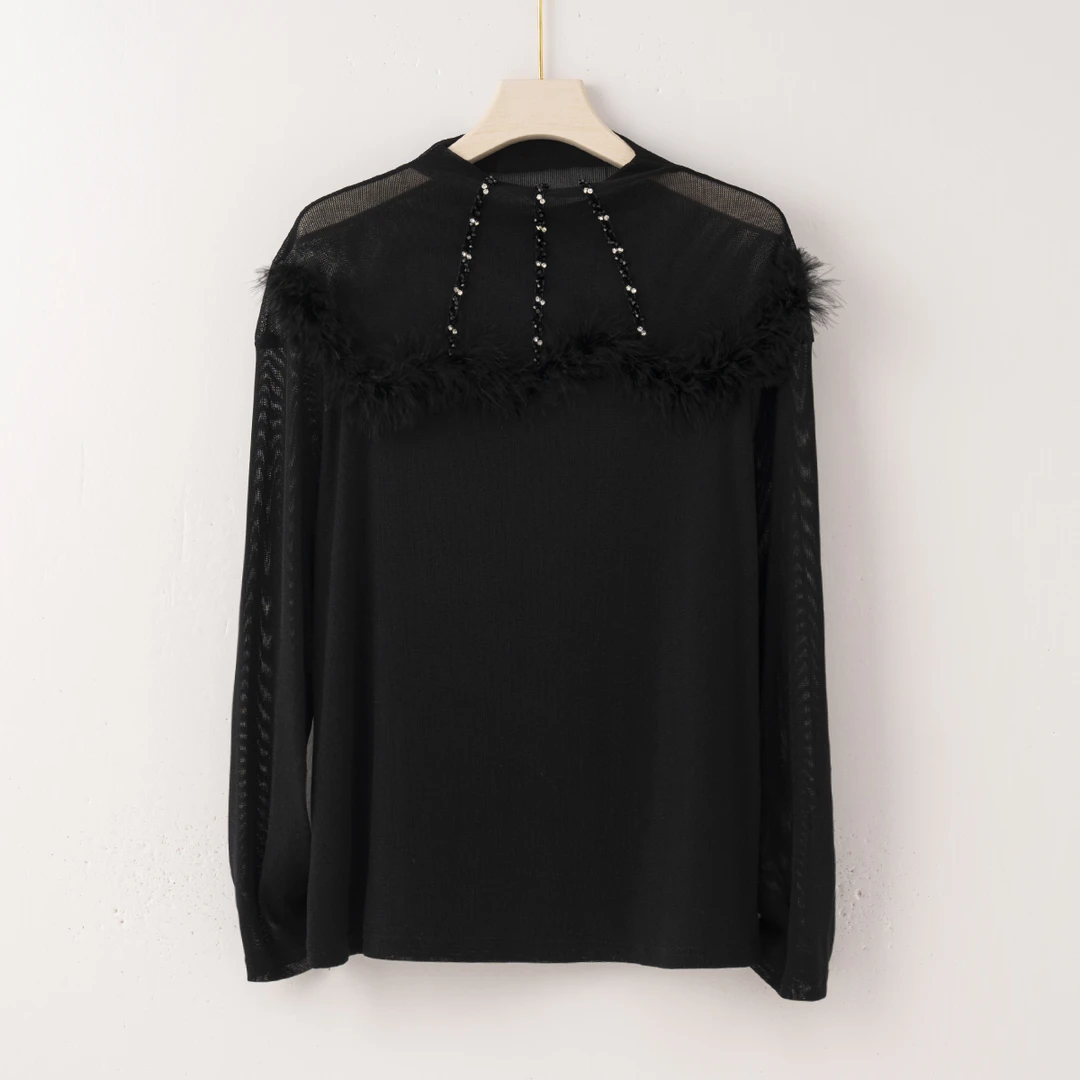 【特价-占单者限购】Q2745 羽毛镶边，串珠装饰个性百搭上衣