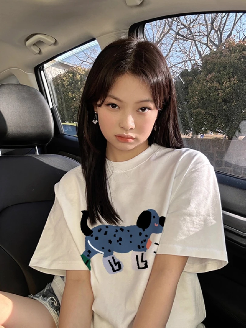 纯棉白色正肩短袖t恤女2025新款爆款夏季美式趣味小狗半袖上衣潮