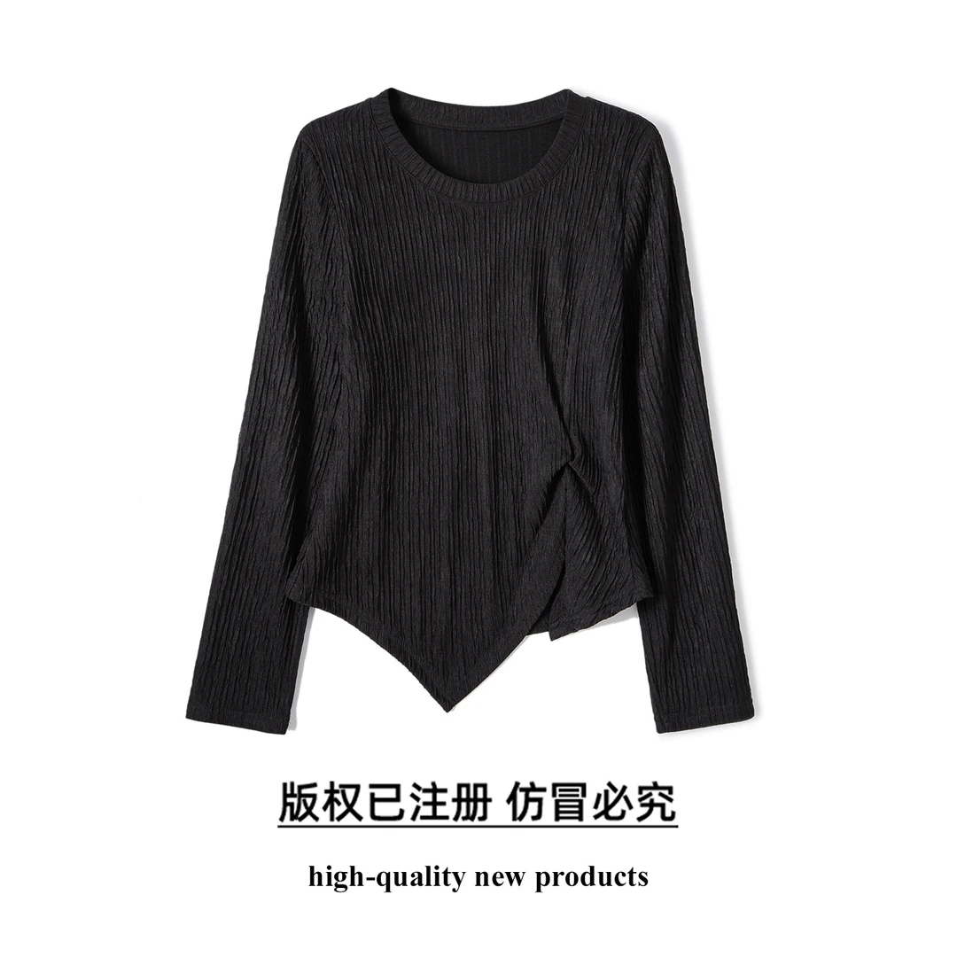 奢姿大码女装2025秋装新款胖妹妹肌理感不规则下摆圆领长袖上衣