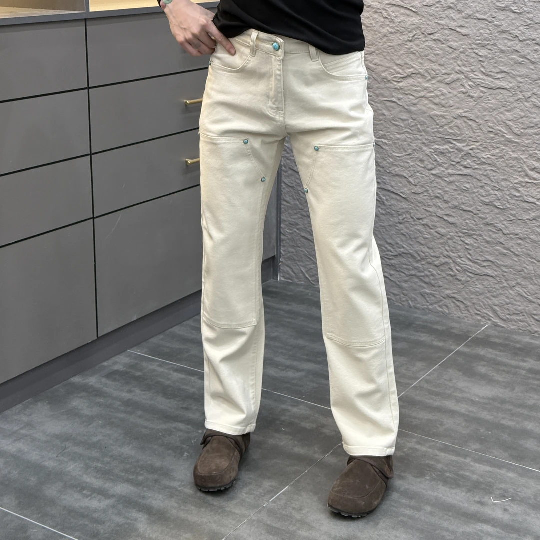 2025春季新款时尚休闲百搭净版小直筒男士米白色牛仔裤6007
