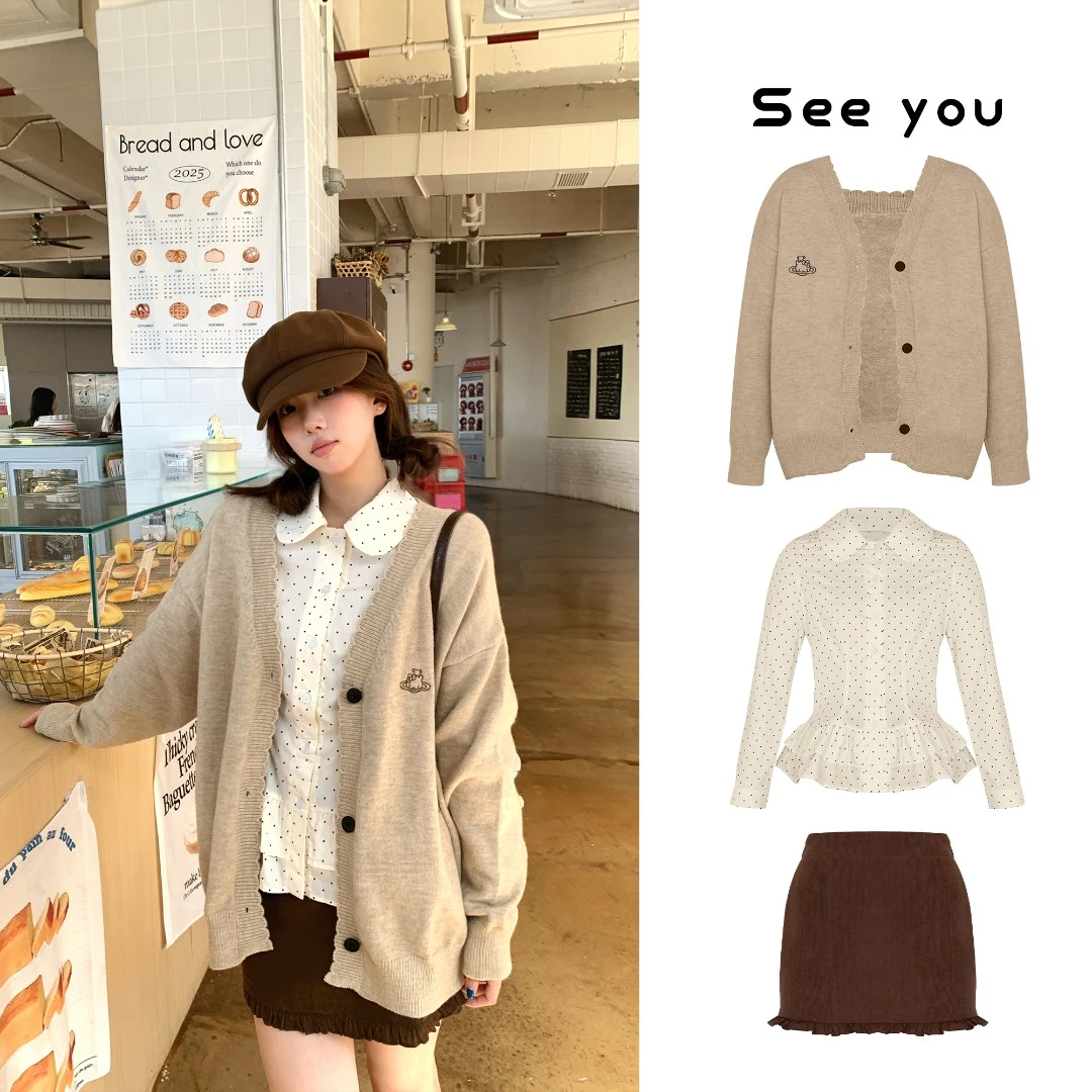 v领毛衣外套 +花边收腰衬衫+灯芯绒半身裙 Y1593+Y1592+Y1594