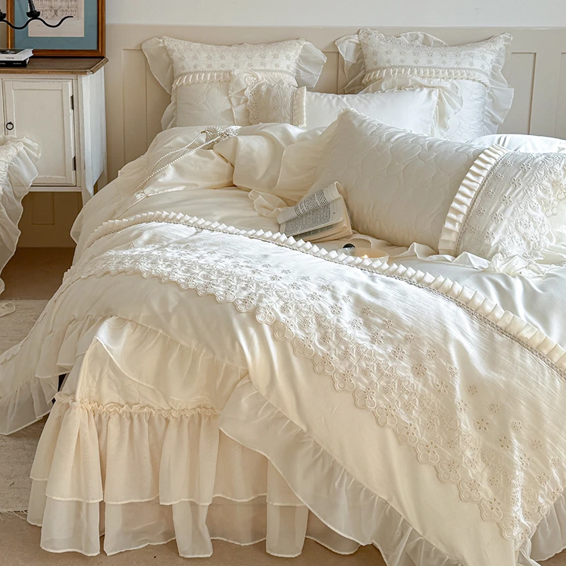 法式奶油风夹棉床盖款全棉四件套纯棉公主风高级蕾丝花边少女被套