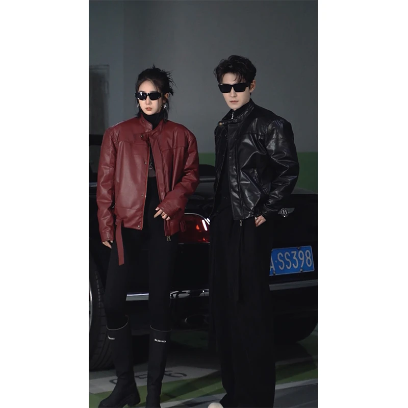 龙叨叨冬季新品复古高级感羽绒服皮衣痞帅机车立领白鸭绒夹克外套