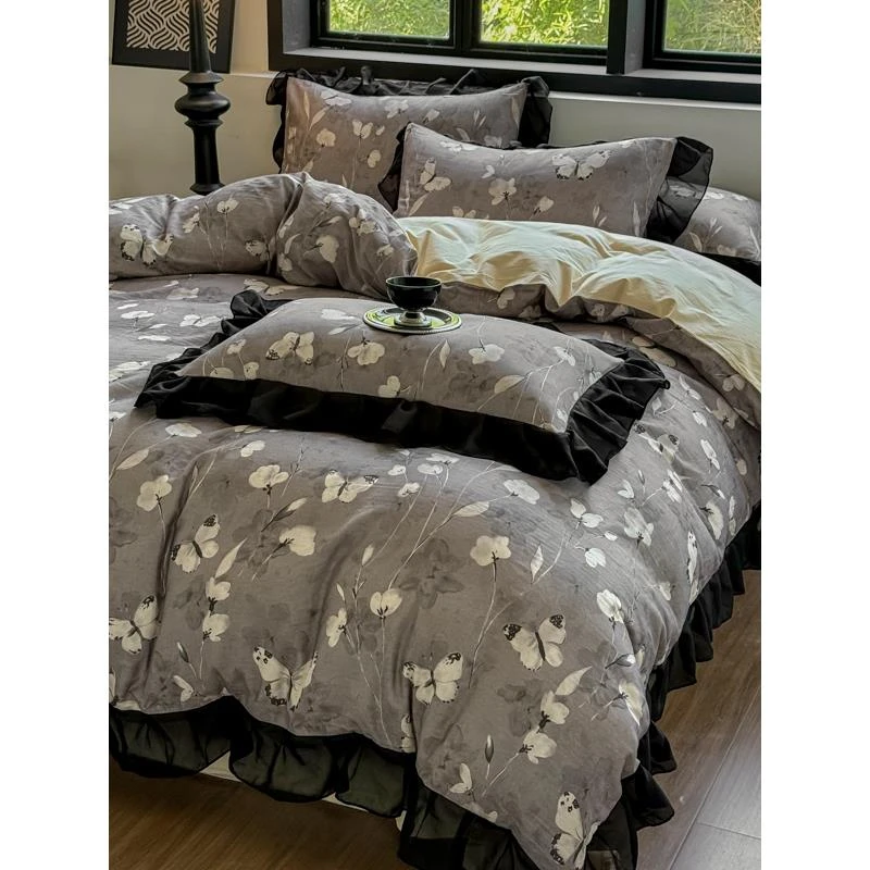 法式赫本风床上四件套全棉100纯棉双层纱被套a类母婴级床单三件套