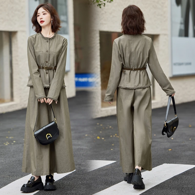 港风流行高级感套装裤潮2025春秋新款女时髦气质通勤阔腿裤两件套