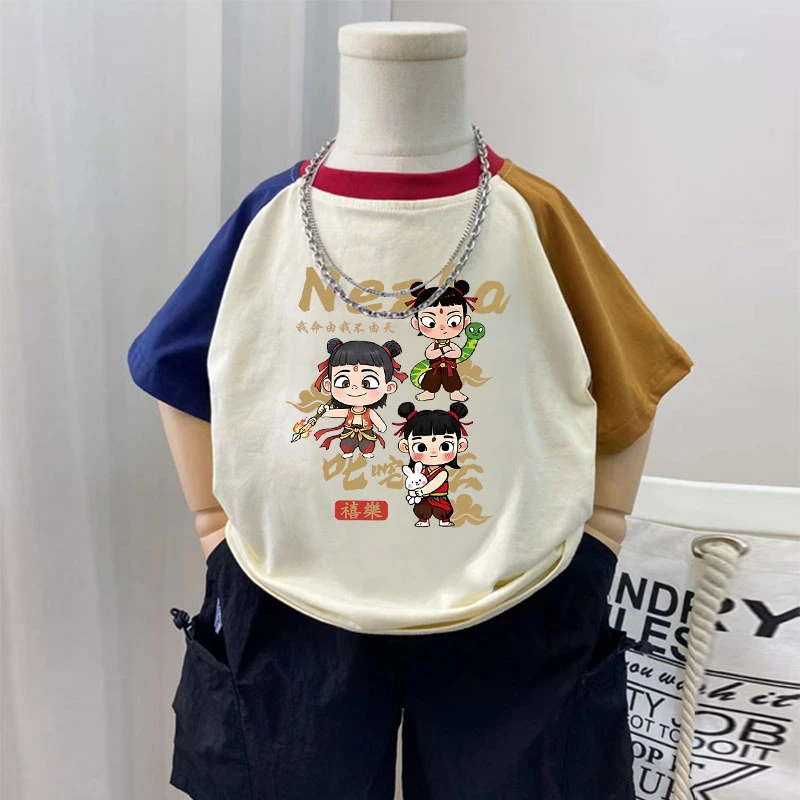 儿童哪吒2纯棉国潮短袖t恤2025夏季新款男女童宝宝宽松插肩袖上衣