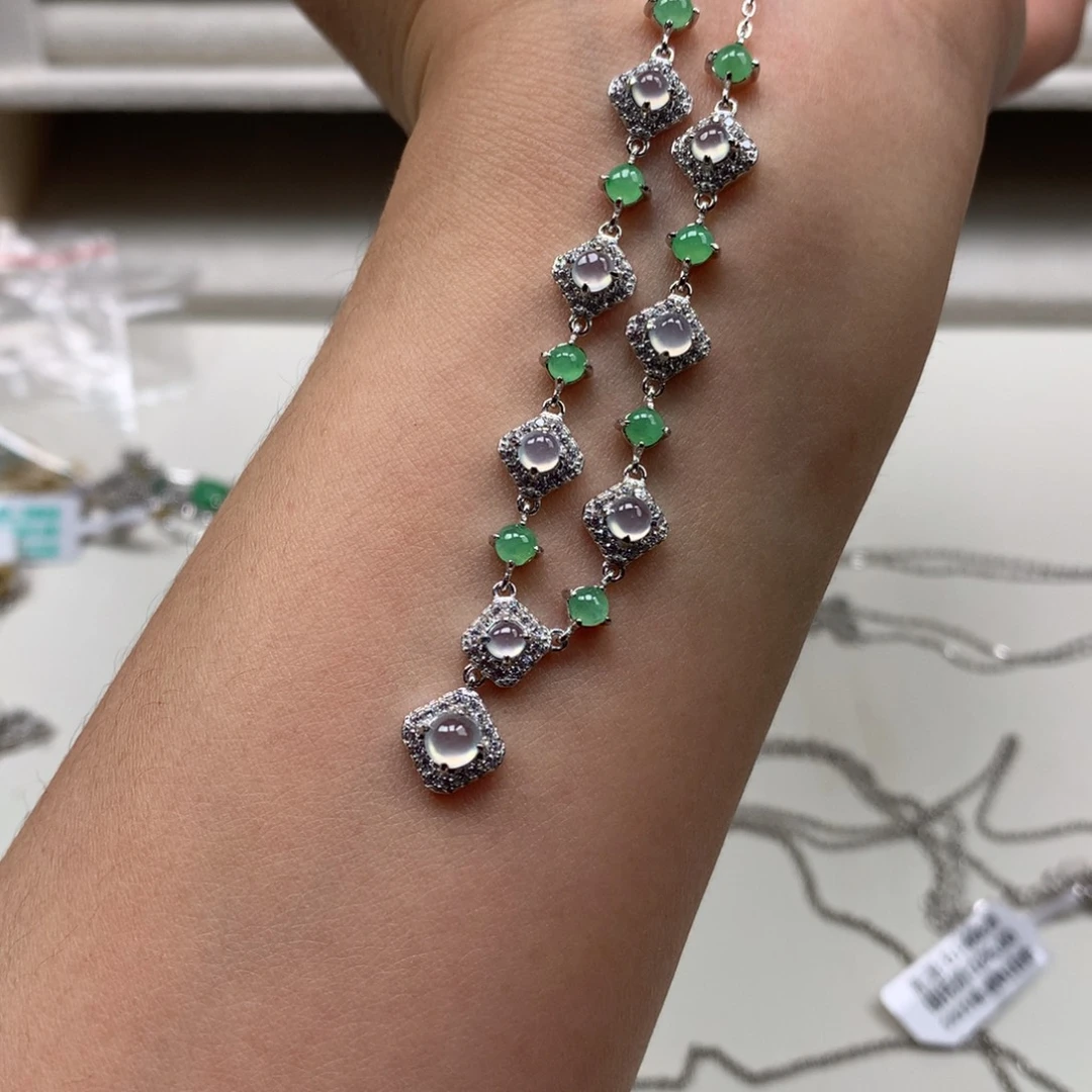 派***子翡翠银S925镶嵌耳饰项链