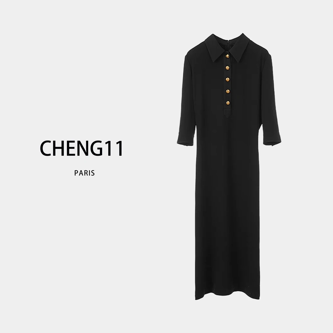 LANG Z-1129复古通勤新款气质小黑裙小众设计感别致衬衫连衣裙