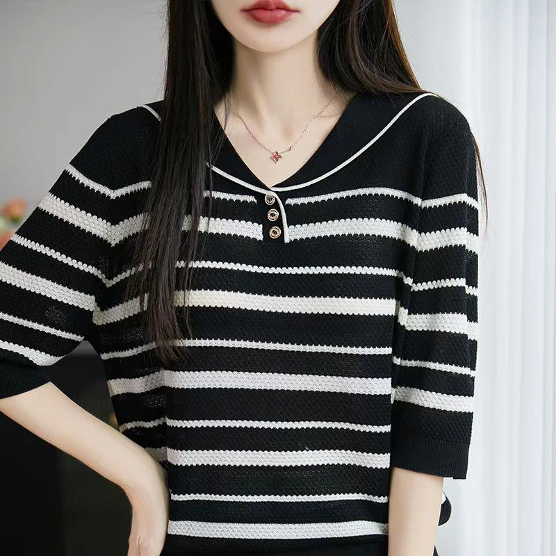 【刘营专属】春夏新款莱赛尔天丝海军领条纹蜂窝针织短袖精品女士