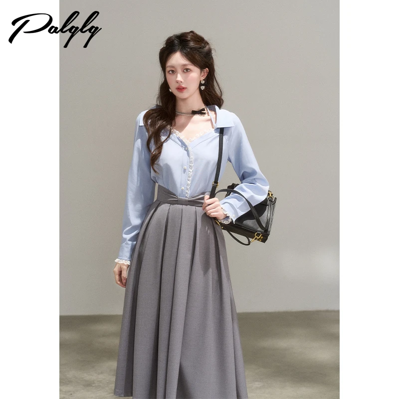 Palglg法式蓝色v领宽松衬衫秋设计感慵懒韩系蕾丝衬衣53PTA44373