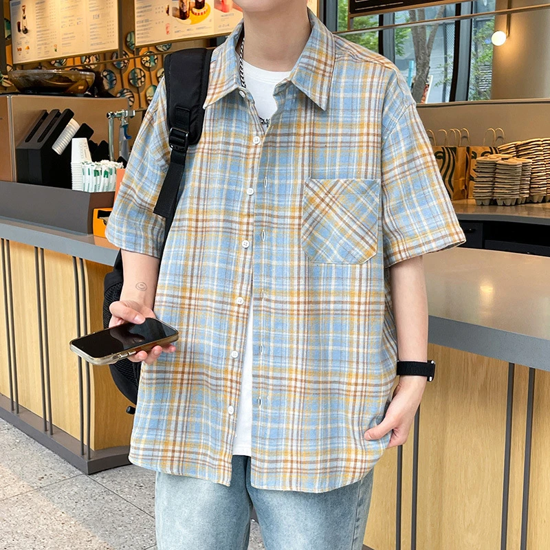 格子夏季男短袖冰丝休闲宽松短袖衬衫衬衣港风薄款痞帅潮流帅气