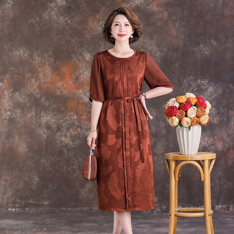 齐黛品牌香云纱真丝连衣裙女2025夏季新款中长款圆领桑蚕丝A字裙