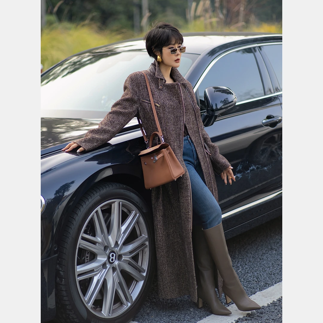 【英式名流】海派腔调 羊毛斜花呢 拉链长款机车腰带大衣冬