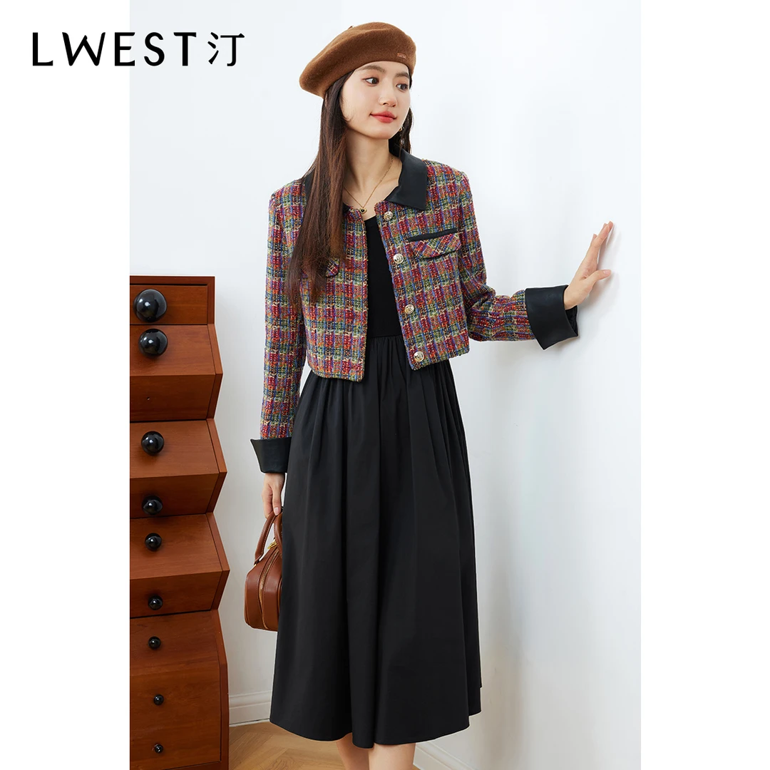 朗文斯汀春款格纹编织绵羊毛小香风女吊带裙套装DAMW3509A12145