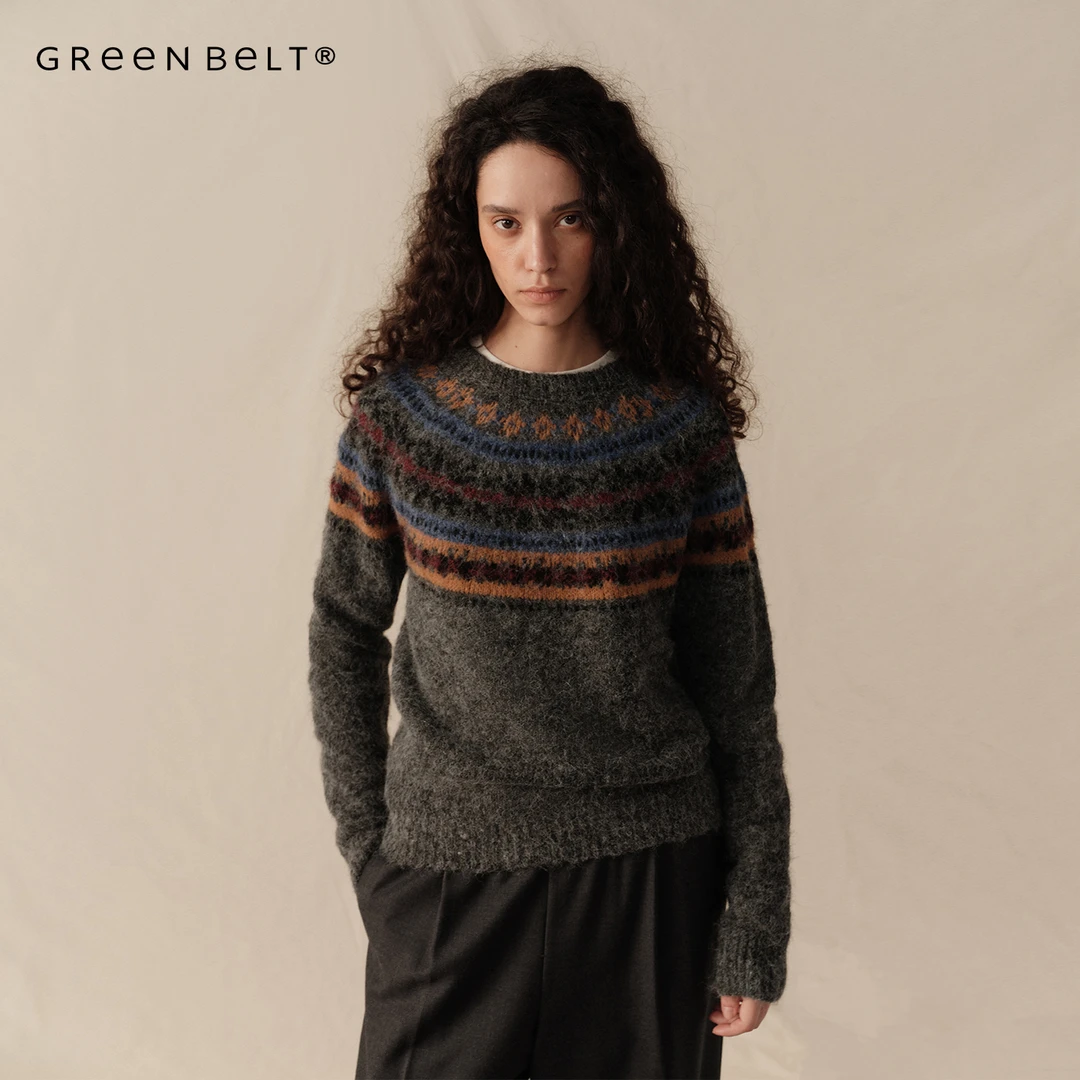 GREEN BELT城野牧境25冬宽松费尔岛灰色毛衣女圆领套头复古上衣