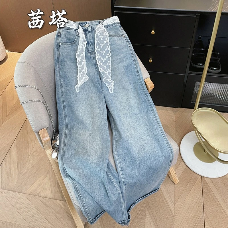 美式复古蓝色阔腿牛仔裤女2025夏季新款蕾丝系带宽松拖地弯刀裤子