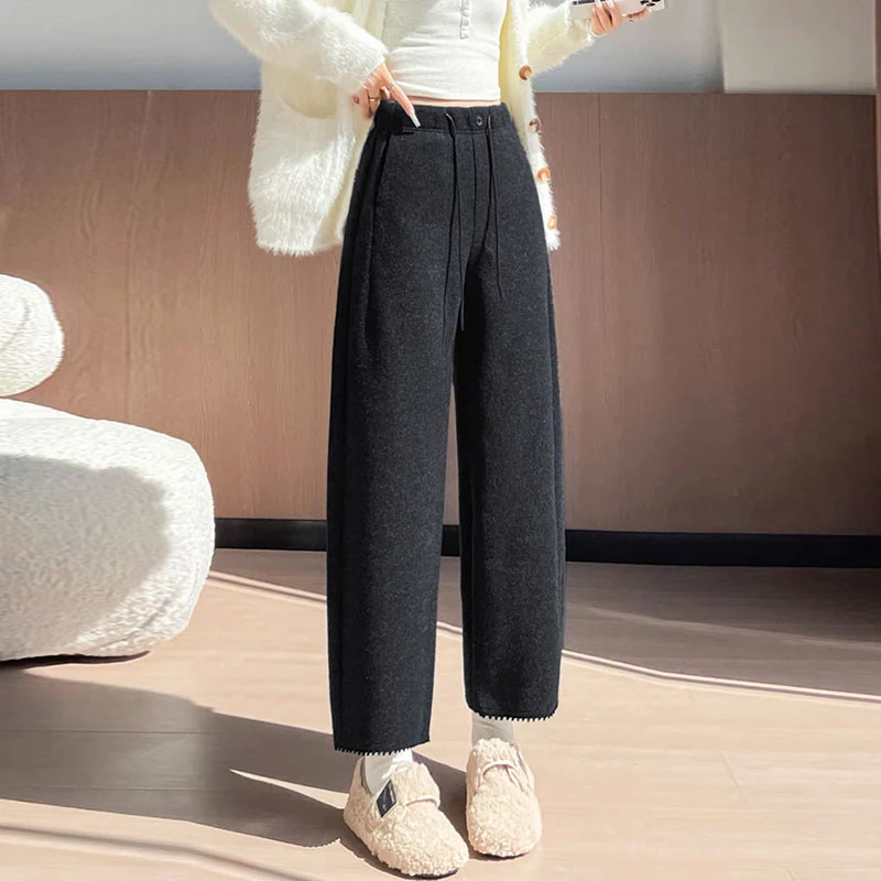 秋冬新款加绒加厚休闲九分毛呢裤慵懒松弛花边睫毛裤子女