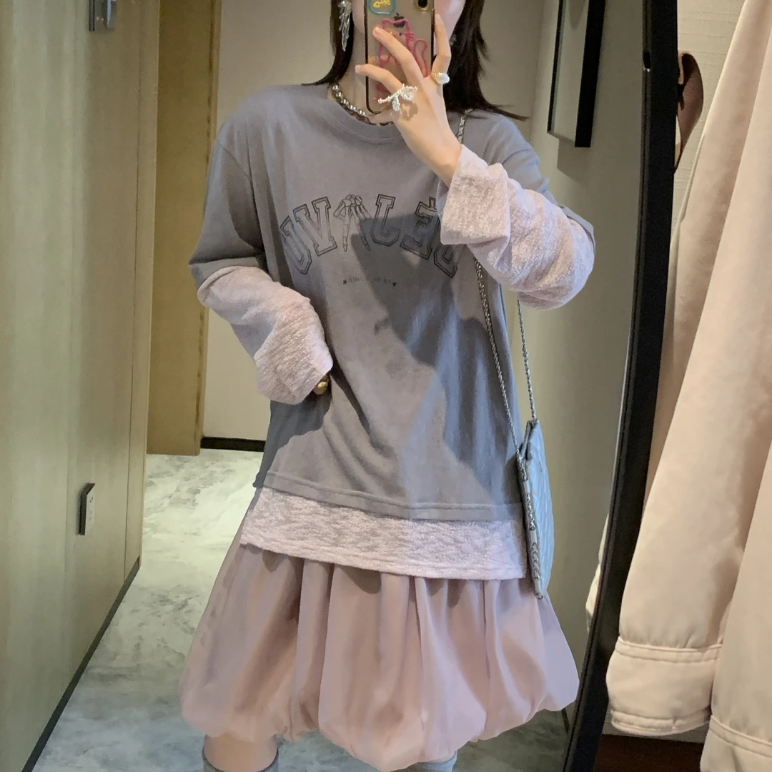 春季新款简约百搭宽松字母印花撞色休闲假两件长袖T恤上衣