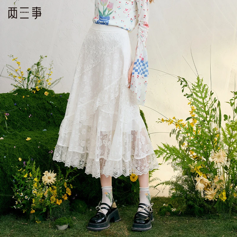 两三事浮光花仙 欧若风2025春季甜美多层次荷叶边蕾丝白色半身裙