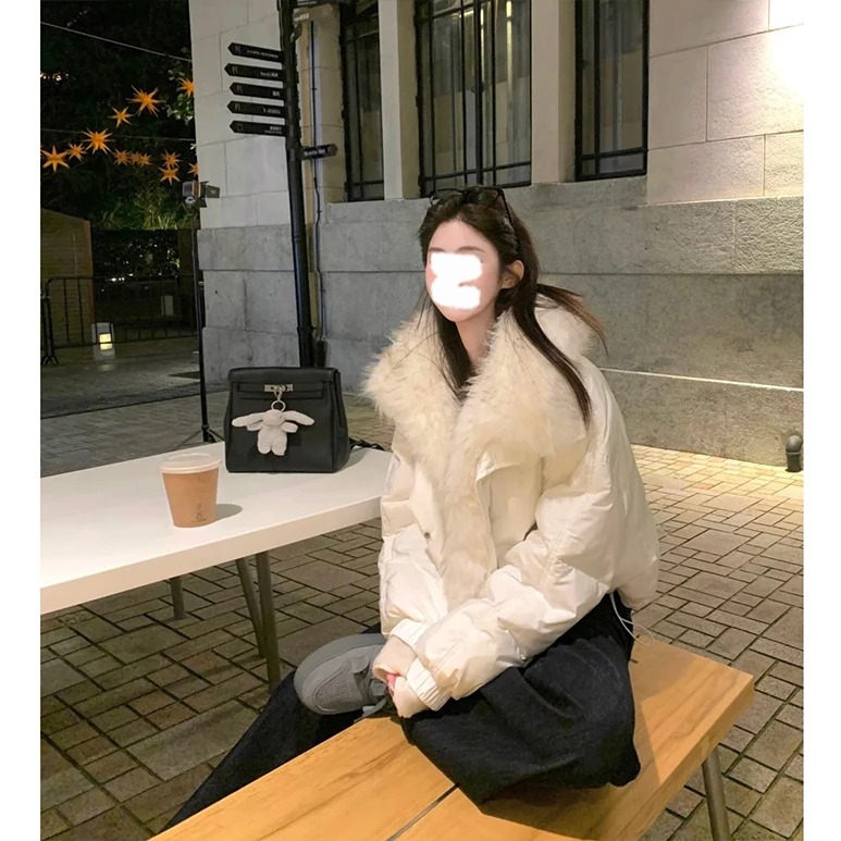 2025秋冬奶白色毛领宽松短款棉服外套女加厚高级感小个子棉袄棉衣