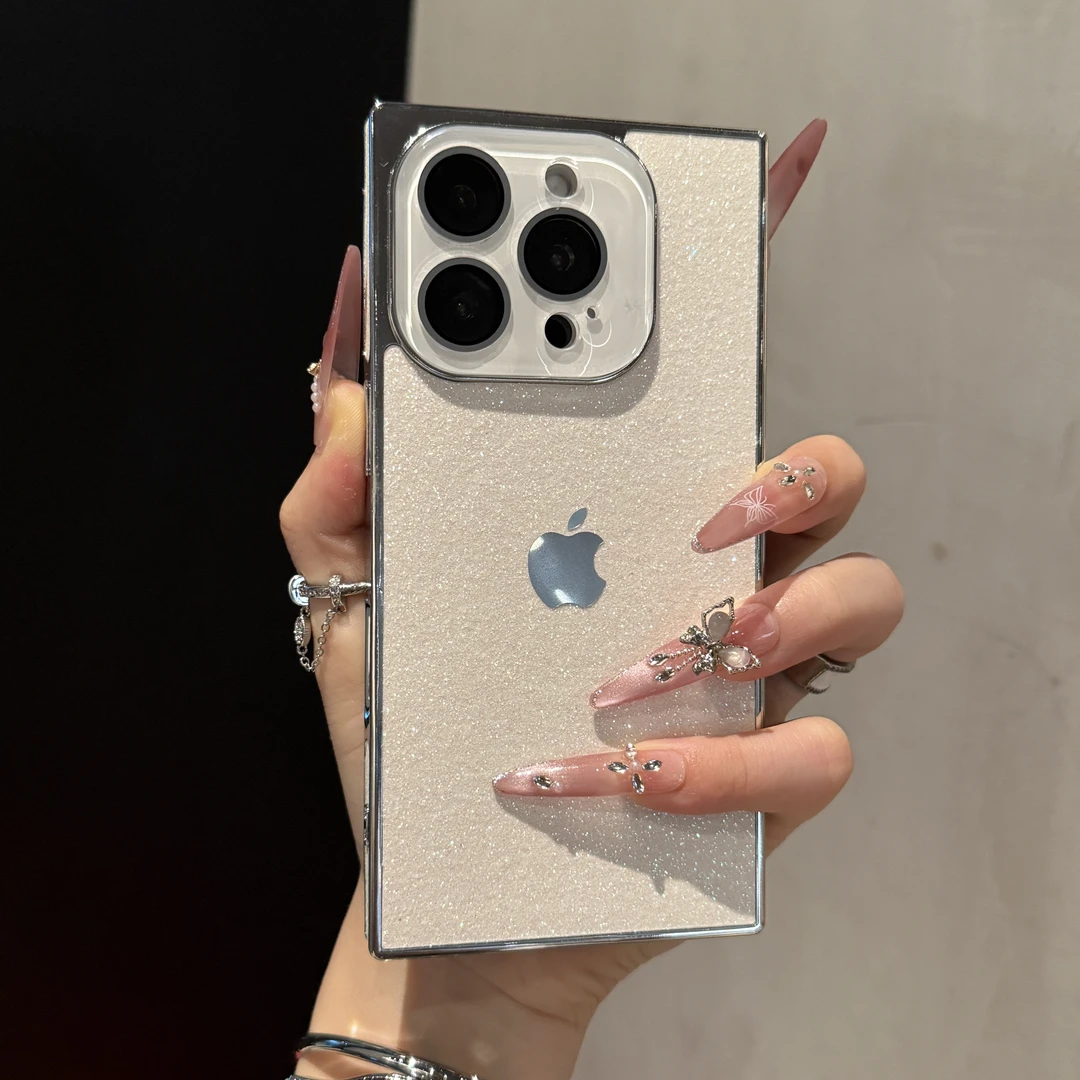 ins风网红闪粉方形适用苹果16promax手机壳iPhone15个性14轻奢13