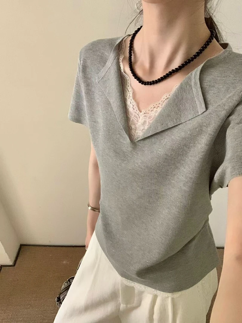 福秒-V领蕾丝边的！宽松短袖修身上衣（OT71577#）ONE TIME