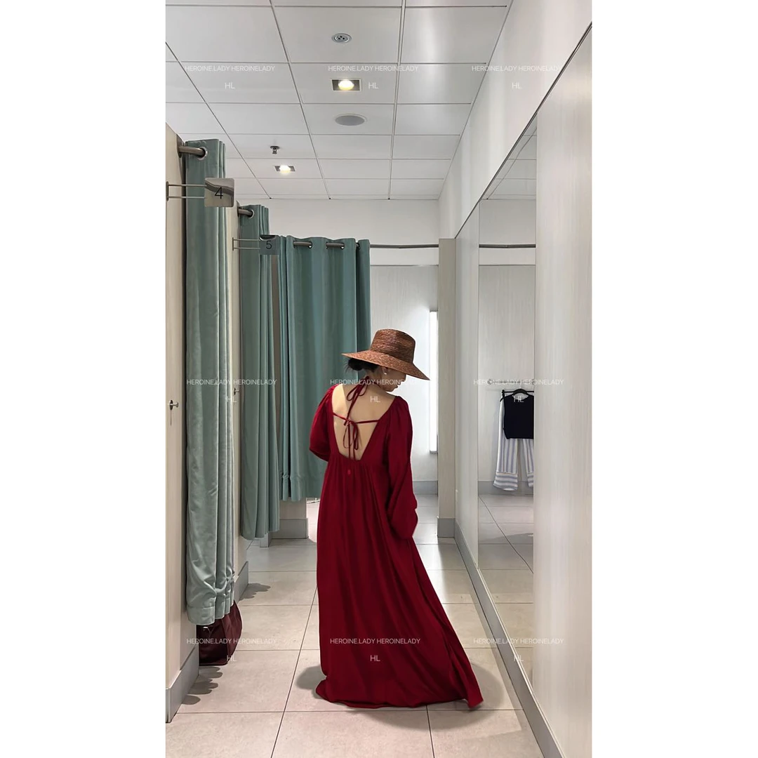 【椿日海边】HL棉绸春夏浪漫时尚法式露背长袖气质印花长款连衣裙