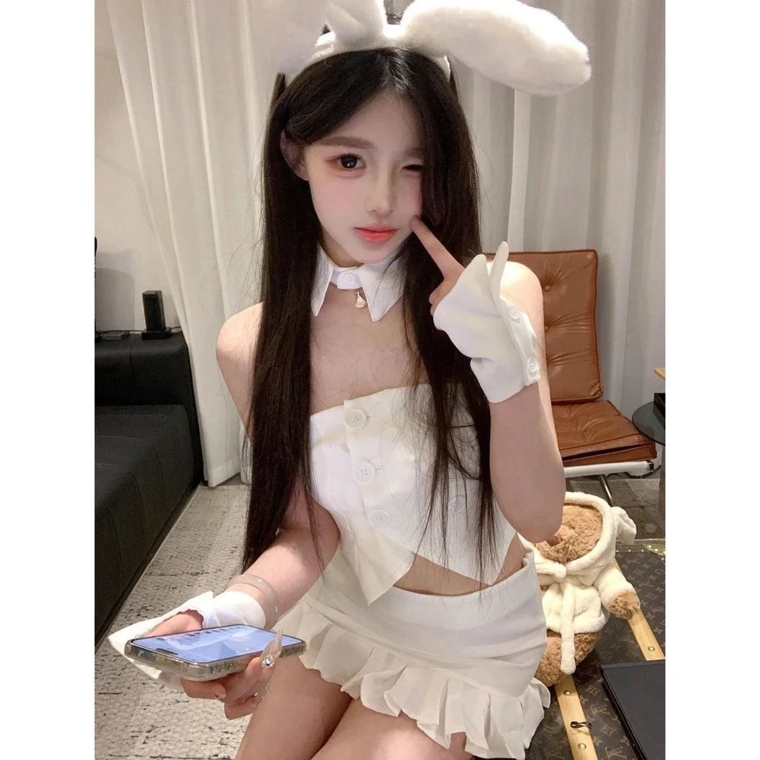 【夏夜快乐】sunny兔！辣妹网红原创小众套装紧身包臀裙领扣白色抹胸