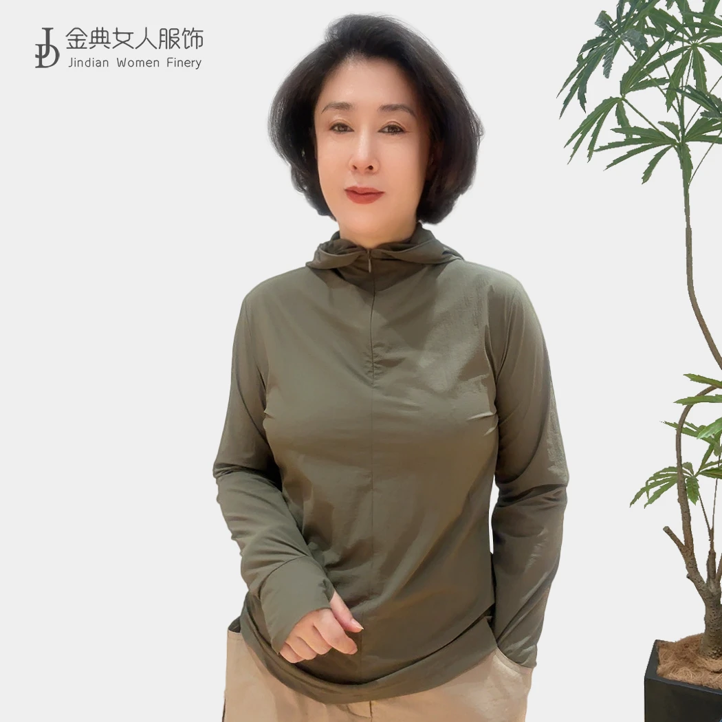轻奢半拉链时尚气质连帽长袖T恤  中年妈妈休闲显瘦上衣1759