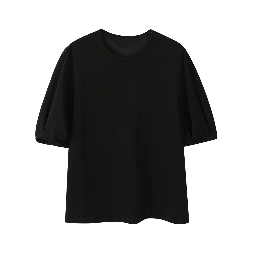 30556【AU订单】2025年夏季新款针织空气层泡泡袖T恤黑色上衣0106