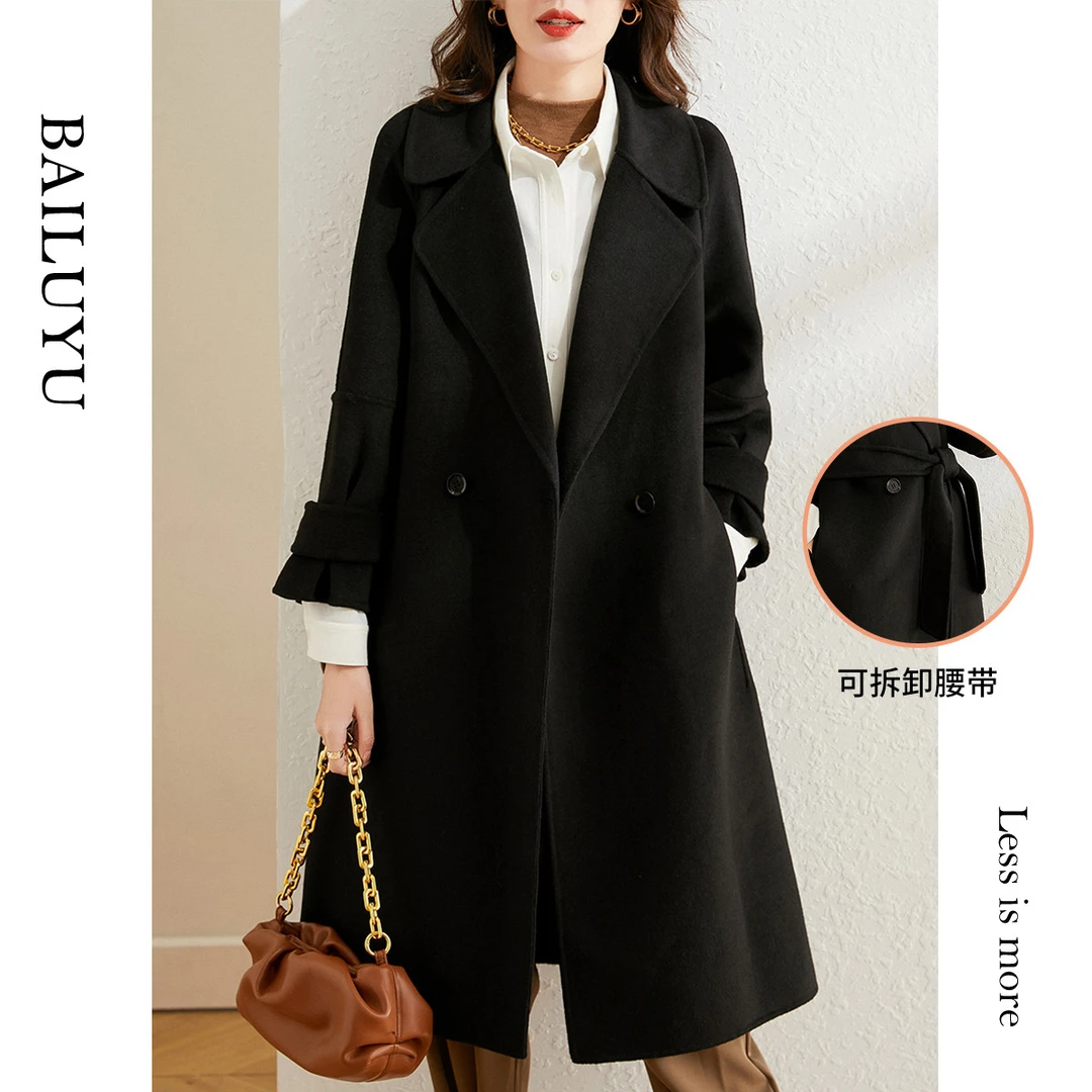 白鹿语冬款简约翻领插肩袖羊毛混纺长款双面呢系腰带大衣BX30669