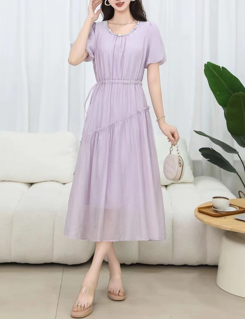 夏季2025新款法式泡泡袖高腰显瘦收腰气质连衣裙