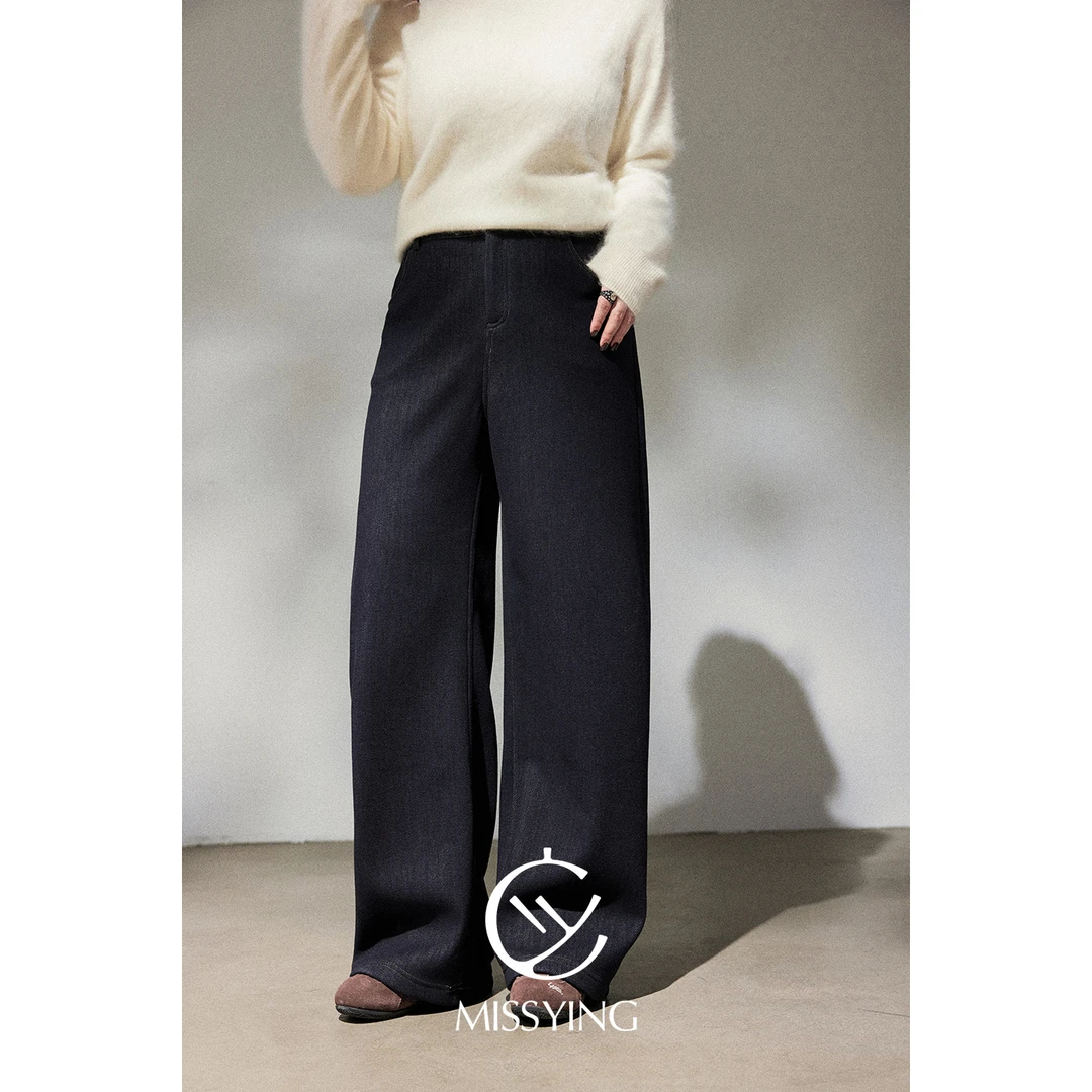 应小姐黑标【千禧一代】微胖大码显瘦宽松直筒羊毛混纺加绒休闲裤